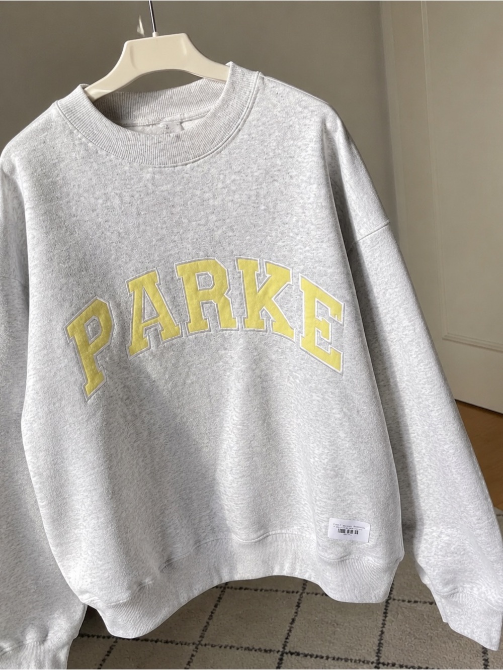 Parker Light Gray Crewneck with Yellow Collegiate Lettering